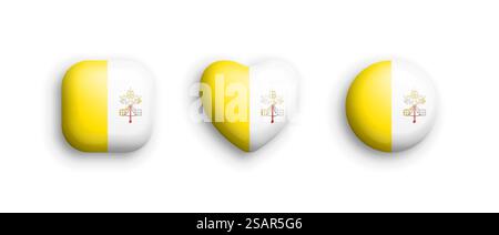 Vatikanstadt Offizielle Nationalflagge 3D Vektor Glossy Icons in abgerundetem quadratischem Herz und Kreisform Isolate on White. Sammlung Volumetrischer Schaltflächen Für Zeichen Und Symbole Grafische Designelemente. Vatikanstadt Offizielle Nationalflagge 3D Vektor Glossy Icons Isolate on White Stock Vektor