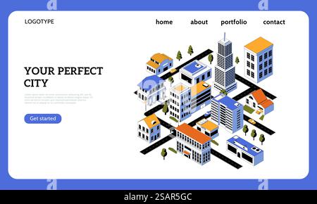 Landing-Page für Immobilien. Intelligentes Stadtdesign. Bauplan von Gebäuden und Straßen. Mockup der Website-Benutzeroberfläche mit Schaltflächen und Kopierbereich. Dienstleistungen zur Verbesserung des städtischen Raumes. Vektor-UI-Vorlage. Landing-Page für Immobilien. Intelligentes Stadtdesign. Bauplan der Gebäude. Website-Oberfläche mit Schaltflächen und Kopierbereich. Dienstleistungen zur Verbesserung des städtischen Raumes. Vektor-UI-Vorlage Stock Vektor