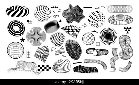 Moderne geometrische Formen. Abstrakte grafische Designelemente mit dynamischen Effekten. Isolierte minimale Schwarzweiß-Formulare. Konzentrische Kreise oder Gittertexturen. Vektorfiguren mit Karomuster und Streifenmuster. Moderne geometrische Formen. Abstrakte grafische Elemente mit dynamischen Effekten. Minimaler Schwarzweiß-Formularsatz. Konzentrische Kreise oder Gittertexturen. Vektorfiguren mit Karomuster und Streifenmuster Stock Vektor