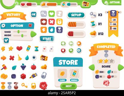 Tasten für die Spieloberfläche. Elemente der Benutzeroberfläche für mobile Anwendungen. Farbenfrohes, flaches Design. Fortschrittsbalken, Bedienfeld und Anzeigen. Grafikkit für Videospiele. Einzelmedaillen und Preise. Vektor-Arcade-Set. Tasten für die Spieloberfläche. Elemente der Benutzeroberfläche für mobile Anwendungen. Farbenfrohes Zeichentrickdesign. Fortschrittsbalken, Bedienfeld und Anzeigen. Menü-Kit für Videospiele. Einzelmedaillen und Preise. Vektor-Arcade-Set Stock Vektor