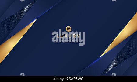 Dunkelblaue und goldene Dreiecksformen überlappen sich auf dem Hintergrund mit goldenen Streifen und Glitzer. Luxuriös und elegant. Abstraktes Vorlagenvektordesign. Design für Präsentation, Banner, Cover. Stock Vektor