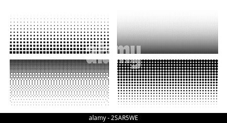 Halbtonpunktmuster. Comic-Pop-Art-Texturen. Geometrische Schwarzweiß-Halbtonvorlagen. Perforierte Abdeckungen. Ränder mit Verlaufseffekt von runden und quadratischen Punkten. Vektorhintergrund. Halbtonpunktmuster. Comic-Pop-Art-Texturen. Geometrische Schwarzweiß-Halbtonvorlagen. Perforierte Abdeckungen. Rahmen mit Verlauf von runden und quadratischen Punkten. Vektorhintergrund Stock Vektor
