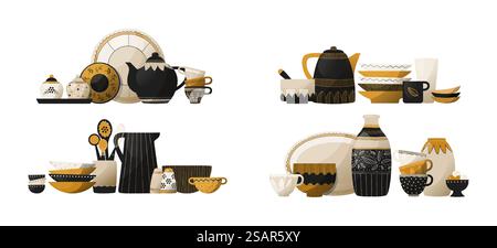 Geschirrstapel. Keramikgeschirr und Töpferwaren. Küchengeschirr Mockup. Kochgeschirr mit Löffeln und Tassen, dekorative Teller oder Schüsseln. Isoliertes Porzellanutensilien-Kompositionsset. Vektor Haushaltsgeschirr. Geschirrstapel. Keramikgeschirr und Töpferwaren. Küchengeschirr. Kochgeschirr mit Löffeln und Tassen, dekorative Teller oder Schüsseln. Porzellanutensilien-Kompositionsset. Vektor Haushaltsgeschirr Stock Vektor