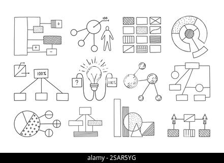 Doodle-Block-Schemata. Handgezeichnete Skizze mit Business-Infografiken und Balken. Datenvisualisierung. Liniendiagramme mit geometrischen Formen und Pfeilen. Präsentationsvorlagen für Vektorweiß und Schwarz. Doodle-Block-Schemata. Handgezeichnete Skizze mit Infografik-Diagrammen und Balken. Datenvisualisierung. Diagramme mit geometrischen Formen und Pfeilen. Präsentationsvorlagen für Vektorweiß und Schwarz Stock Vektor