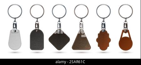 Schlüsselhalter. Realistischer Schlüsselanhänger mit Etiketten aus Kalbsleder. Isoliertes 3D Premium-Fobs-Modell. Edelstahlbreloques und Etiketten aus natürlichen Materialien. Vektor-Schlüsselanhänger-Vorlagensatz für Branding. Schlüsselhalter. Realistischer Schlüsselanhänger mit Etiketten aus Kalbsleder. Isoliertes 3D Premium-Fobs-Modell. Stahlbrellen und Etiketten aus natürlichen Materialien. Vektor-Schlüsselanhänger für Branding Stock Vektor