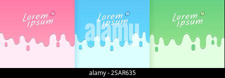 Set aus abstraktem grünem, rosa und hellblauem fließendem Tropfen mit Kopierraum. Minimalistischer Stil. Einfaches flaches, trendiges Farbdesign für Präsentation, Flyer, Broschüre, Website, Titelseite, Buch. EPS10-Vektor Stock Vektor