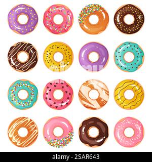 Cartoon Donuts. Süße Cupcakes. Farbenfrohe dekorative Schokoladendesserts mit Süßwaren. Isolierte leckere runde glasierte Kuchen. Leckeres Donuts-Set. Vector Delicious Sugar Food Products Collection. Cartoon Donuts. Süße Cupcakes. Farbenfrohe dekorative Schokoladendesserts mit Süßwaren. Leckere runde glasierte Kuchen. Leckeres Donuts-Set. Vector Delicious Food Products Collection Stock Vektor