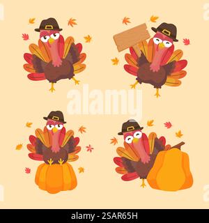 Frohe Thanksgiving-Zeichentrickfilm truthahn süß und Kürbis im Herbst Stock Vektor