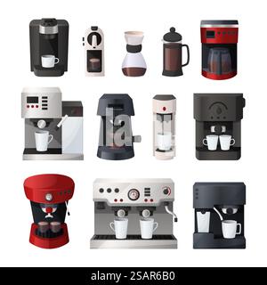 Kaffeemaschine. Espressomaschine mit Tassen und gefilterten Gläsern. Zubereitung des Getränks am Morgen. Küchengerät zum Brühen heißer Koffeingetränke zu Hause oder im Café. Vektor-isolierter Satz. Kaffeemaschine. Espressomaschine und gefilterte Gläser. Zubereitung des Getränks am Morgen. Küchengerät für die Zubereitung von Koffeingetränken zu Hause oder im Café. Vektor-isolierter Satz Stock Vektor