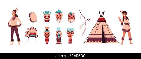 Comic Indians. Azteken oder Maya-Personen. Isolierter Mann oder Frau mit ritueller Schamanen-Tiki-Maske, Federkopfbekleidung und Totem. Ethnische Stammessammlung. Trommel und Bogen mit Pfeilen. Vektor traditionelles Wigwam. Comic Indians. Azteken oder Maya-Personen. Mann oder Frau mit ritueller Schamanen-Tiki-Maske, Federkopfbekleidung und Totem. Tribal Kollektion. Trommel und Bogen mit Pfeilen. Vektor traditionelles Wigwam Stock Vektor