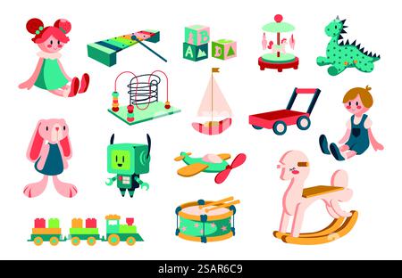 Kinderspielzeug. Niedliche Kinderpuppen und Roboter im flachen Stil für Spiel und Bildung. Säuglings- und Kleinkindertransport. Musikalische Xylophon- und Plüschtiere-Sammlung. Vektor-isoliertes Spielset. Kinderspielzeug. Cartoon niedliche Kinderpuppen und Roboter für Spiel und Bildung. Säuglings- und Kleinkindertransport. Musikalische Xylophon- und Tiersammlung. Vektor-isoliertes Spielset Stock Vektor