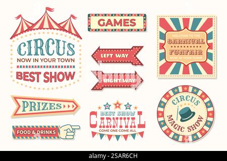 Vintage-Zirkus-Banner. Karnevalsschilder im Retro-Stil. Farbenfrohe Sammlung stilisierter Zeiger. Schilder und Willkommensposter für das Festival. Altmodische Plakate für ein faires Café und eine festliche Show, Vektor-Set. Vintage-Zirkus-Banner. Karnevalsschilder im Retro-Stil. Sammlung stilisierter Zeiger. Schilder und Plakate für das Festival. Altmodische Plakate für ein faires Café und eine festliche Show, Vektor-Set Stock Vektor