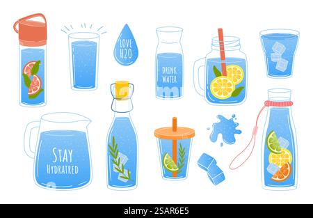 Sauberes Wasser. Kritzeln Sie Glas und Flasche mit sauberem Aqua oder Limonade. Behälter aus recyceltem Kunststoff. Isolierte Tropfen und Spritzer. Alkoholfreie oder kohlensäurehaltige Getränke. Vektorgetränke mit Eis und Zitrusscheiben. Sauberes Wasser. Doodle Glas und Flasche mit Aqua oder Limonade. Behälter aus recyceltem Kunststoff. Tropfen und Spritzer. Alkoholfreie oder kohlensäurehaltige Getränke. Vektorgetränke mit Eis und Zitrusscheiben Stock Vektor