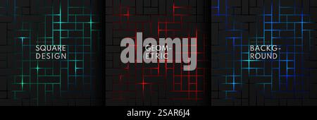 Satz von schwarzem quadratischem Muster auf leuchtendem rotem, blauem und grünem abstraktem Neonhintergrund im Technologiestil. Modernes futuristisches Design mit geometrischer Form. Vektorabbildung. Stock Vektor