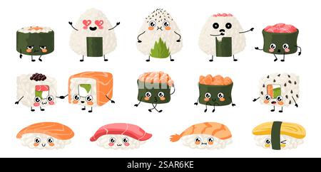 Kawaii Sushi. Japanisches Reisessen mit süßen Manga-Gesichtern. Fröhliche Maskottchen asiatischer Gerichte mit Fisch, Meeresfrüchten und Saucen. Sashimi mit Garnelen oder Lachs. Vektor-isolierter Onigiri-Zeichensatz. Kawaii Sushi. Japanische Reisgerichte mit süßen Manga-Gesichtern. Fröhliche Maskottchen asiatischer Gerichte mit Fisch, Meeresfrüchten und Saucen. Sashimi mit Garnelen oder Lachs. Vektor-Onigiri-Zeichensatz Stock Vektor