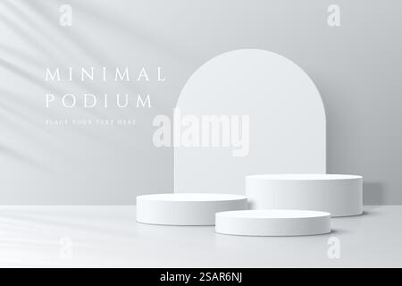 Abstrakter weißer 3D-Raum mit realistischem Podest aus weißem Zylinder und Schatten auf Palmblättern. Minimale Szene für Produktpräsentationen. Geometrische Vektorplattform. Bühne für Showcase. Stock Vektor