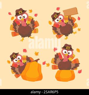 Frohe Thanksgiving-Zeichentrickfilm truthahn süß und Kürbis im Herbst Stock Vektor