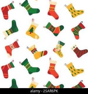 Weihnachtliches Sockenmuster. Nahtloser Hintergrund mit zeitgemäßem Doodle-Strumpf für Neujahrsgeschenke. Winterstruktur für Grußkarten. Dekor aus Textil, Geschenkpapier. Vektor-Weihnachtsdruck. Weihnachtliches Sockenmuster. Nahtloser Hintergrund mit zeitgemäßem Doodle-Strumpf für Neujahrsgeschenke. Winterstruktur für Grußkarten. Dekor mit Textil-Vektor-Weihnachtsmotiv Stock Vektor
