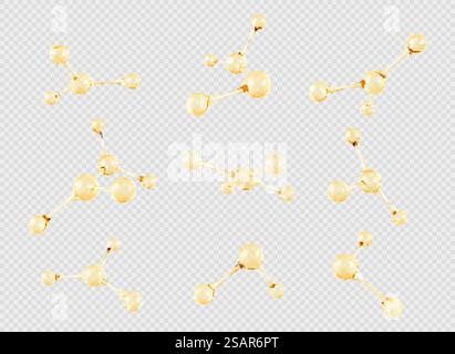 Set aus Goldölmolekül oder -Atom. Abstrakte 3D-Molekülstrukturen isoliert auf transparentem Hintergrund. Schönheitswissenschaft, Hautpflege, molekulares Konzept. Vektor-3D-Illustration Stock Vektor