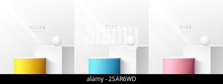Set aus realistischem 3D-Würfel und Zylinder in weißen Reinräumen mit gelbem, blauem und rosa Podium. Abstrakter Vektor, der geometrische Formen wiedergibt. Minimale Wandszene. Rundbühne, Modellpräsentation. Stock Vektor