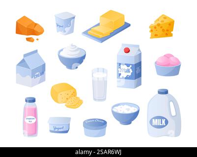 Milch. Cartoon-Milchprodukte. Joghurt- und Sahneflaschen. Käse- oder Butterstücke. Natürliche Milchmahlensammlung. Isolierte Quark-Schüssel. Lebensmittelverpackungen oder -Behälter. Vector leckere Bio-Zutaten-Set. Milch. Cartoon-Milchprodukte. Joghurt- und Sahneflaschen. Käse- oder Butterstücke. Milky Meal Kollektion. Isolierte Quark-Schüssel. Lebensmittelverpackungen oder -Behälter. Vector Organic Ingredients Set Stock Vektor