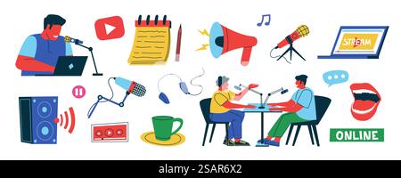 Streaming-Podcast. Abstrakte Kritzelgrafik von Menschen, die Interviews hören und aufzeichnen. Personen mit Mikrofon oder Kopfhörern. Video-Blogger. Vektor-Online-Player und Musikübertragungselemente im Set. Streaming-Podcast. Kritzelgrafik von Menschen, die Interviews hören und aufzeichnen. Personen mit Mikrofon oder Kopfhörern. Video-Blogger. Vektor-Online-Player und Musikübertragungsset Stock Vektor
