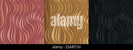 Set aus abstrakten flüssigen dynamischen schwarzen, rosa Gold und goldenen Wellen Hintergrund. Fließendes dunkles Marmormuster. Moderne, wellenförmige Streifenstruktur. Luxuriöser und eleganter Stil. Vektorabbildung. Stock Vektor