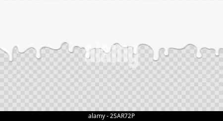 Realistischer Joghurt. Tropfende Milch. Joghurtflüssige Wellen und Tropfen. Schmelzende weiße Schokolade oder Dessertglasur auf transparentem Hintergrund. Horizontale Hochglanzdekoration für Kuchen. Farbfluss, Vektorvorlage. Realistischer Joghurt. Tropfende Milch. Joghurtflüssige Wellen und Tropfen. Schmelzende weiße Schokolade oder Glasur auf transparentem Hintergrund. Horizontale Dekoration für Kuchen. Farbfluss, Vektorvorlage Stock Vektor