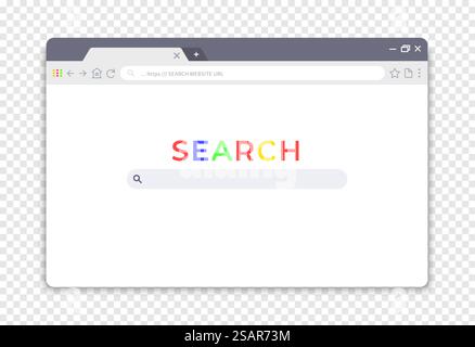 Einfache Browseroberfläche. Suchmodell im Websitefenster. Webseiten-UI mit Schaltflächen und Elementen für die Online-Suche nach Informationen nach Schlüsselwörtern. Vektor-leerer Internet-Bildschirm-Rahmen auf transparentem Hintergrund. Einfache Browseroberfläche. Suche im Websitefenster. Webseiten-UI mit Schaltflächen und Elementen für die Online-Suche nach Informationen nach Schlüsselwörtern. Vektor-Internet-Bildschirmrahmen auf transparentem Hintergrund Stock Vektor