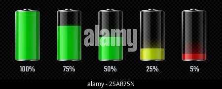 Batterieladeanzeige. Realistische Symbole für den elektrischen Akkumulator leer und voll, Symbole für Batteriezellen. Vektordarstellung realistisches Laden von Batterien. Batterieladeanzeige. Realistische Symbole für den elektrischen Akkumulator leer und voll, Symbole für Batteriezellen. Vektor-Illustration mit niedriger Energie Stock Vektor