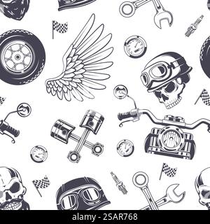 Motorradmuster. Extreme Reisen Symbole Fahrrad Schädel Flügel Helm exakter Vektor nahtloser Hintergrund. Abbildung eines extremen Rennmusters für Motorräder. Motorradmuster. Extreme Reisen Symbole Fahrrad Schädel Flügel Helm exakter Vektor nahtloser Hintergrund Stock Vektor