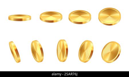 Goldene Münze. Realistisches Goldgeld. 3D-leere, glänzende Geldzeichen. Isolierte Geldanimation. Einsparungen bei Edelmetall. Blick aus verschiedenen Winkeln auf herabfallende glänzende Metallsplitter. Vektor-Finanzsymbole. Goldene Münze. Realistisches Goldgeld. Leere 3D-Geldzeichen. Geldanimation. Einsparungen bei Edelmetall. Blick aus verschiedenen Winkeln auf herabfallende glänzende Metallsplitter. Vektor-Finanzsymbole Stock Vektor