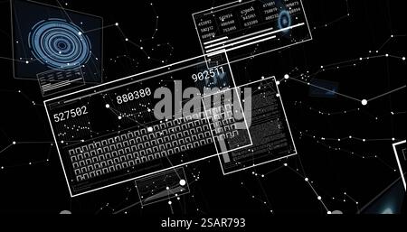 Bild der Datenverarbeitung und Diagramme auf schwarzem Hintergrund Stockfoto