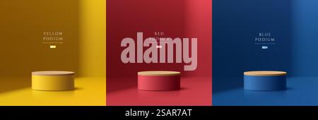 Set aus abstrakten 3D-Räumen mit realistischem Holzpodium in Gelb, Blau, Rot. Minimale Wandszene mit Licht- und Schattenhintergrund. Bühnenpräsentation, Modellvorstellung Produktpräsentation. Geometrische Vektorformen. Stock Vektor
