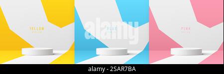 Set aus weißem, realistischem Podest mit 3D-Zylinder mit Pastellgelb, Blau und Rosa im geometrischen Hintergrund. Abstrakte Vektor-Rendering-Plattform. Produktpräsentation für Modellerstellung. Minimale Wandszene. Stock Vektor