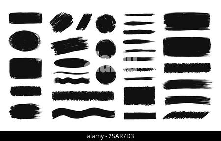 Banner für Pinselstriche. Schwarze, spritzwasserförmige Tinte. Isolierte Pinselflecken. Abstrakte, unordentliche Flecken und Linien. Raue Lackschmierstoffe. Pinselstriche und Streifen. Vektor-Grunge-Hintergrund festgelegt. Banner für Pinselstriche. Schwarze, spritzwasserförmige Tinte. Isolierte Pinselflecken. Abstrakte Punkte und Linien. Grobe Verschmutzungen. Pinselstriche und Streifen. Vektor-Grunge-Hintergrund festgelegt Stock Vektor