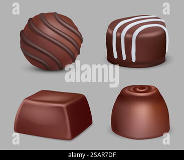 Schokoladenbonbons. Köstliches Dessert verschiedene geometrische Süßigkeiten mit Marmelade Bonbons dunkler Trüffel anständige Vektorzucker Bonbons in realistischem Stil. Illustration der köstlichen Schokoladenbonbons. Schokoladenbonbons. Köstliches Dessert verschiedene geometrische Süßigkeiten mit Marmelade Bonbons dunkler Trüffel anständige Vektorzucker Bonbons in realistischem Stil Stock Vektor