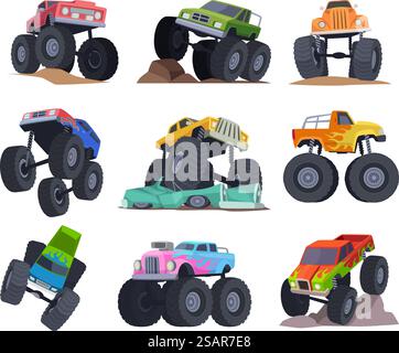 Monster Trucks. Sport farbiger Transport mit großen aggressiven schweren Rädern exakte Vektor Rennwagen Bilder Set. Illustration eines Truck Vehicle Monsters. Monster Trucks. Sport farbiger Transport mit großen aggressiven schweren Rädern exakte Vektor Rennwagen Bilder Set Stock Vektor