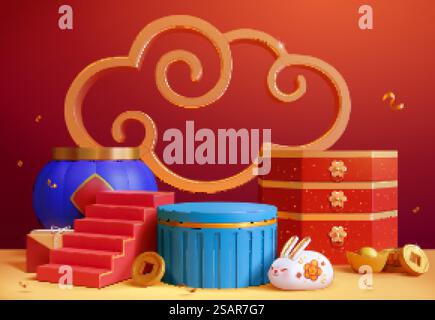 Laterne, Treppe, Zylinderbühnen, Geschenk, Schubladenbox und Kaninchen mit Muster. CNY Design Hintergrund Stock Vektor