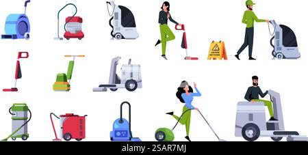 Reinigungspersonal. Professionelles kommerzielles Reinigungsteam mit industriellem Staubsauger Bodenbelag mit Mopps Vektorbilder Set. Abbildung: Professionelles Reinigungspersonal für gewerbliche Zwecke. Reinigungspersonal. Professionelles kommerzielles Reinigungsteam mit industriellem Staubsauger Bodenbelag mit Mopps grell Vektor Bilder Set Stock Vektor