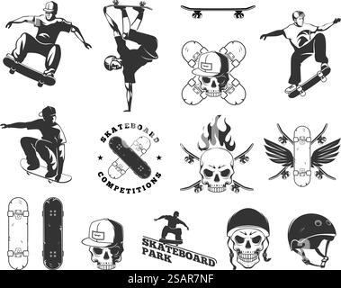 Skateboard-Embleme. Extremsportfahrer auf Skateboards Symbole und Abzeichen exakte Vektorvorlagen. Illustration des extremen Skateboard-Emblems. Skateboard-Embleme. Extremsportfahrer auf Skateboards Symbole und Abzeichen exakte Vektorvorlagen Stock Vektor