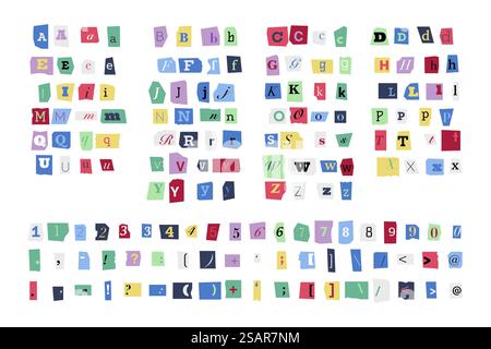 Lösegeld-Schriftart. Bunte kriminelle Großbuchstaben und Kleinbuchstaben Zahlen und Satzzeichen, Ausschnitt Erpressung Alphabet Vektor anonyme Schriftart der Typografie Grammatik für Lösegeld Illustration. Lösegeld-Schriftart. Bunte kriminelle Groß- und Kleinbuchstaben Zahlen und Satzzeichen, Ausschnitte Erpressungsalphabet Vektor anonyme Schrift Stock Vektor