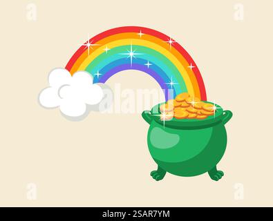 Eine skurrile Vektor-Illustration mit einem leuchtenden Regenbogen, der sich über einer üppigen grünen Landschaft erstreckt, mit einem bezaubernden Kobold-Topf voller Glanz Stock Vektor