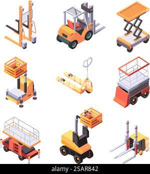 Anheben der Konstruktion. Transport für Bauherren grelle Vektor-Hebebühnen Illustrationen in isometrischem Stil. Kranausrüstungsindustrie für Bauherren. Anheben der Konstruktion. Transport für Bauherren grelle Vektor-Hebebühnen Illustrationen in isometrischem Stil Stock Vektor