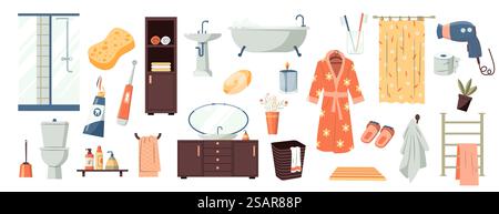 Badezimmerelemente Kollektion. Cartoon-Badausstattung und Toilettenzubehör, Dusch- und Badewannen-Elemente, Hygienezimmer-Dekor. Vektor-isolierter Satz von Zahnpasta Hygiene Illustration. Badezimmerelemente Kollektion. Cartoon-Badausstattung und Toilettenzubehör, Dusch- und Badewannen-Elemente, Hygienezimmer-Dekor. Vektor-isolierter Satz Stock Vektor