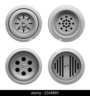 Abfluss des Waschbeckens. Stahl Runde Badezimmer oder Waschbecken System Nahaufnahme Abfluss Wasser anständige Vektor Vorlagen Set isoliert. Abbildung: Waschbecken-Wasserdusche, Abflussset. Abfluss des Waschbeckens. Stahl Runde Badezimmer oder Waschbecken System Nahaufnahme Abfluss Wasser anständige Vektor Vorlagen Set isoliert Stock Vektor