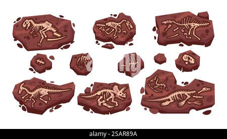 Dinosaurierfossil. Comic antike paläontologische Ausgrabung mit prähistorischen jurassischen Dino-Skeletten. Isolierte Raubtier-Echsenknochen im Boden. Vektorarchäologische Sammlung ausgestorbener Reptilien. Dinosaurierfossil. Cartoon-Paläontologie-Ausgrabung mit prähistorischen jurassischen Dino-Skeletten. Isolierte Raubtichsenknochen im Boden. Vektorarchäologische Sammlung ausgestorbener Reptilien Stock Vektor