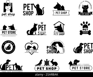 Haustierladen-Abzeichen. Haustiere Hunde Katzen stilisierte Symbole für den Zoo Markt neue Vektorbilder isoliert. Illustration des Haustiergeschäfts. Haustierladen-Abzeichen. Haustiere Hunde Katzen stilisierte Symbole für den Zoo Markt neue Vektorbilder isoliert Stock Vektor