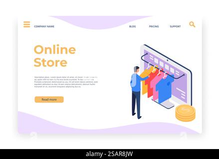 Isometrisches Online-Shopping. Mann, der T-Shirt im Internet auf dem Desktop-Computer wählt. Kunde, der Kleidung im Geschäft kauft. E-Commerce-Konzept, Landing-Page-Vektorillustration für Einzelhandelsdienste. Isometrisches Online-Shopping. Mann, der T-Shirt im Internet auf dem Desktop-Computer wählt. Kunde, der Kleidung im Geschäft kauft Stock Vektor