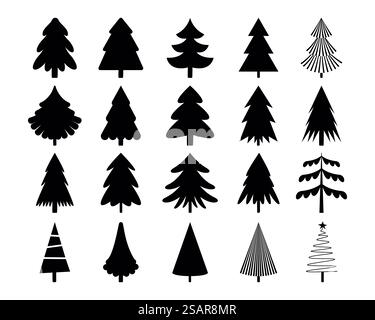 Schwarze weihnachtsbaumsymbole. Nahtloser Druck von Winterbäumen mit Ornamenten, Schneeflocken und Geschenken. Vektor-monochromer Hintergrund der Weihnachtswald-, Kiefer- und Tannenillustration. Schwarze weihnachtsbaumsymbole. Nahtloser Druck von Winterbäumen mit Ornamenten, Schneeflocken und Geschenken. Vektor-Schwarzweißhintergrund Stock Vektor